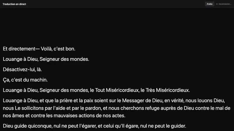 Écran de traduction en direct de Tarjouma